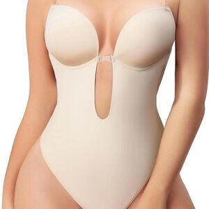 Shapewear🌸Slimers Plunge Low Back Thong Bodysuit Cream Sz L NWT No Box